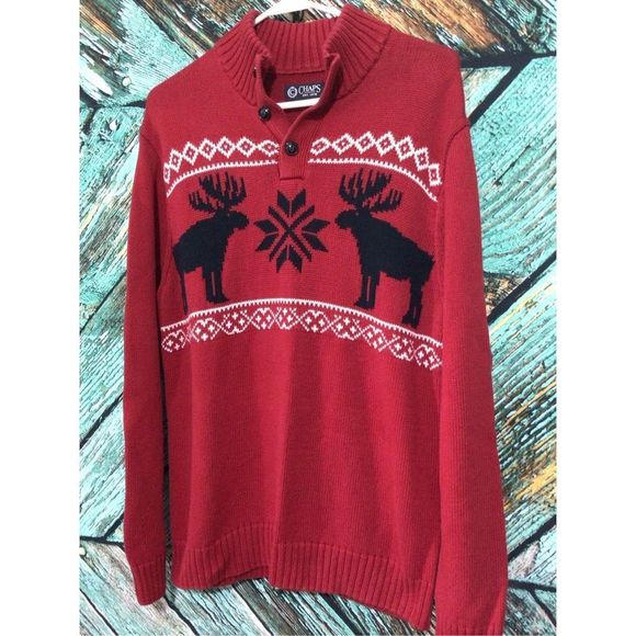 Chaps Moose Print 🫎 Sweater Red White Size Medium 3 Buttons Front ~ Beautiful S - Picture 7 of 12